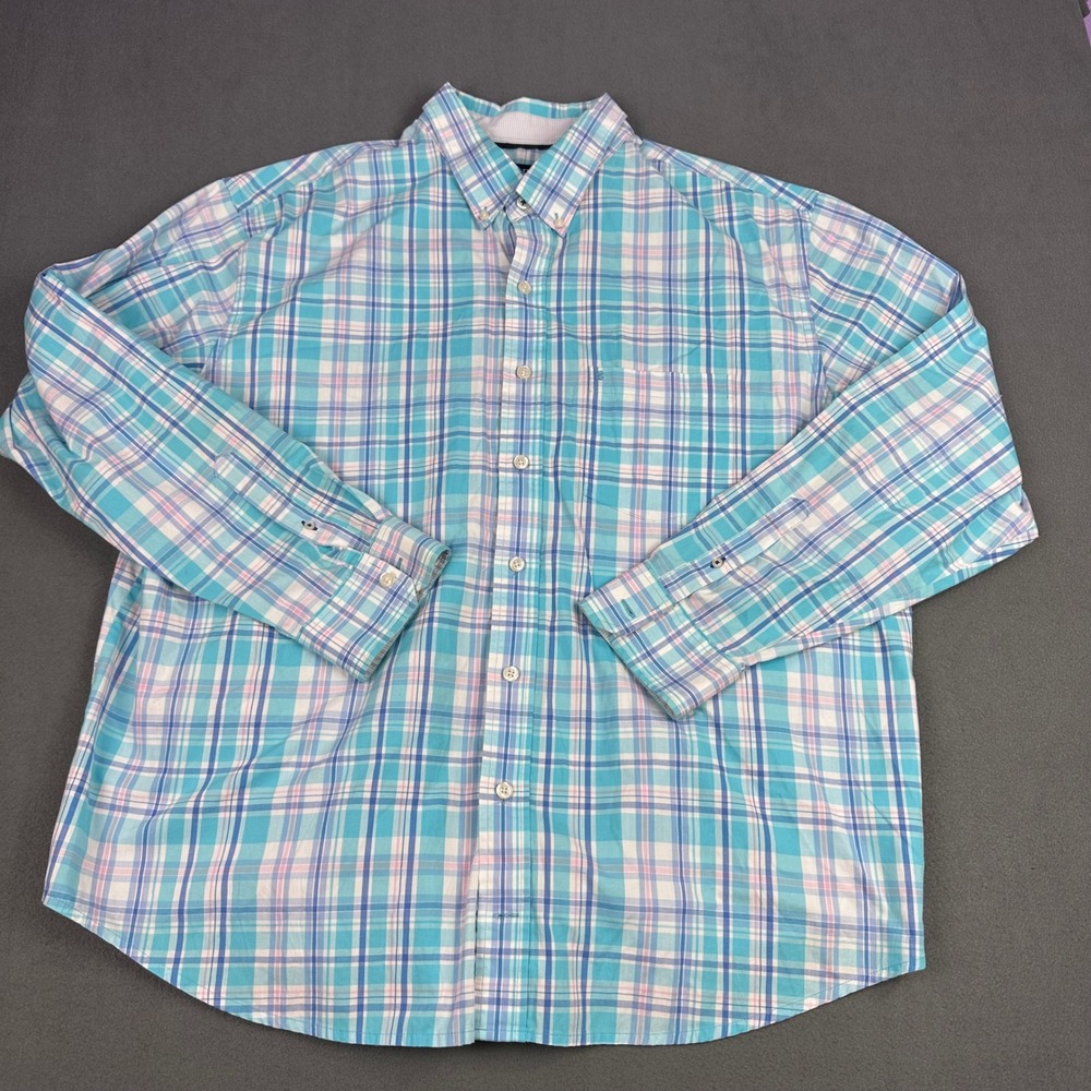 IZOD Mens 2XLT Plaid Button Down Shirt Blue Pink Long Sleeve Big & Tall 1041